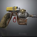 Steampunk Pistol Design With Wooden Grip Yellow Component Chain And Metallic Details
