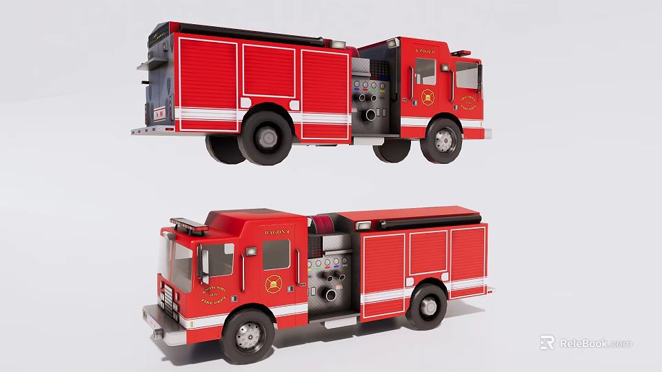 Red Fire Truck With Open Side Doors And Emergency Rescue Equipment 3d model 