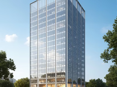 Modern Tall Office Building With Glass Curtain Wall And Green Trees Under Blue Sky 3d model