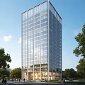 Modern Tall Office Building With Glass Curtain Wall And Green Trees Under Blue Sky