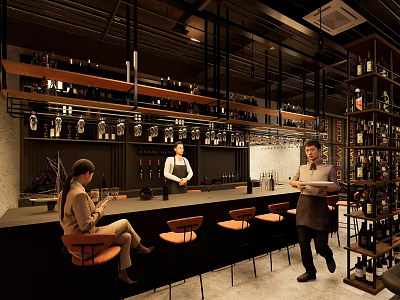 Elegant Bar Interior With Bar Counter Wine Racks High Stools Staff And Customers 3d model
