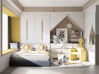 Bright Kids Room Interior With Bed Yellow Chair Toys Storage And Decorative Rug 3d model