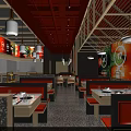 Modern Restaurant Interior With Wooden Ceiling Pendant Lights Tables Chairs And Colorful Wall Decor