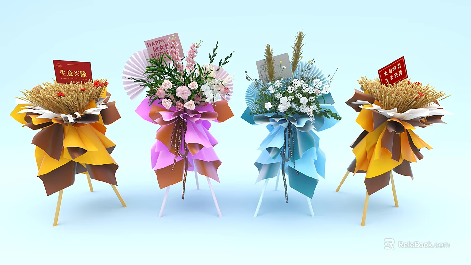 Colorful Flower Bouquets with Pleated Wrapping Pink Blue Yellow Hues Red Blessing Tags on Stands 3d model 