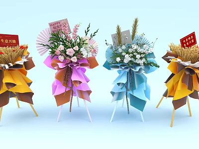 Colorful Flower Bouquets with Pleated Wrapping Pink Blue Yellow Hues Red Blessing Tags on Stands 3d model