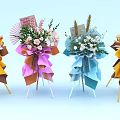 Colorful Flower Bouquets with Pleated Wrapping Pink Blue Yellow Hues Red Blessing Tags on Stands