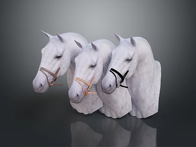 Three White Horse Head Sculptures With Different Colored Bridles On Dark Background 3d model