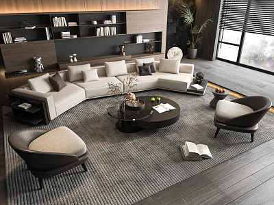 Modern Cream Sofa and Coffee Table Set with Accent Chairs Bookshelf and Plants 3d model