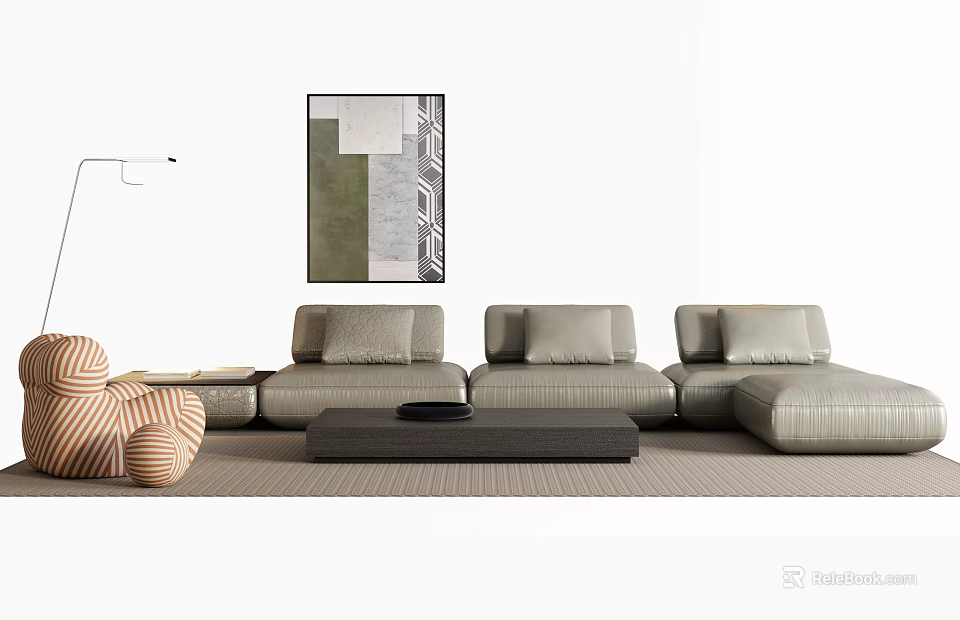 Light Gray Sofa and Coffee Table Set With Orange Striped Chair and Abstract Wall Painting 3d model 