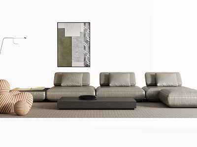 Light Gray Sofa and Coffee Table Set With Orange Striped Chair and Abstract Wall Painting 3d model