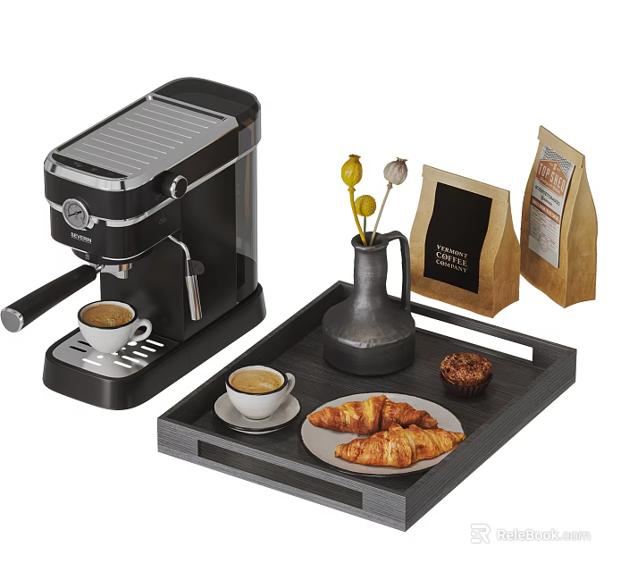 Modern Kitchen Coffee Machine with Coffee Cups Croissants Muffin and Bean Bags on Tray 3d model 
