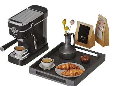 Modern Kitchen Coffee Machine with Coffee Cups Croissants Muffin and Bean Bags on Tray 3d model