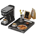 Modern Kitchen Coffee Machine with Coffee Cups Croissants Muffin and Bean Bags on Tray
