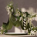Elegant Wedding Decoration With Green Drapery Arch White Flowers And Floral Platform