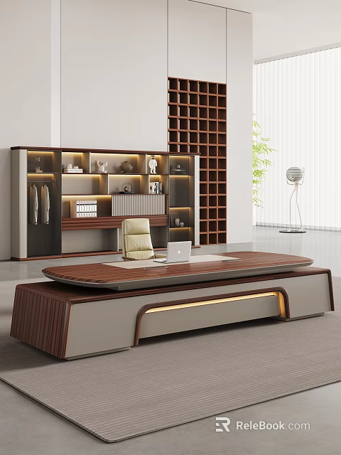 Modern Wooden Office Desk With Laptop Beige Chair Lit Bookshelf And Green Plant 3d model 