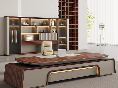 Modern Wooden Office Desk With Laptop Beige Chair Lit Bookshelf And Green Plant 3d model