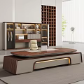 Modern Wooden Office Desk With Laptop Beige Chair Lit Bookshelf And Green Plant