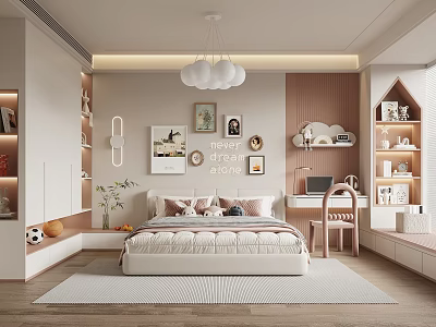 Modern Children's Room Interior With Bed Desk Bookshelves White Globe Chandelier And Decorative Paintings 3d model