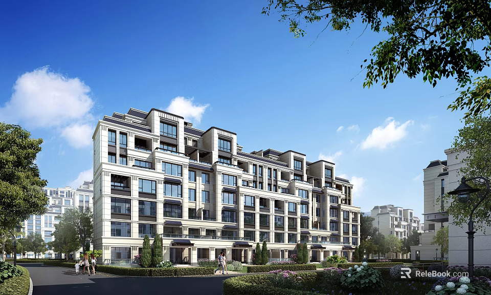Modern Multi Story Residential Building Exterior With Greenery Lawn And Blue Sky 3d model 