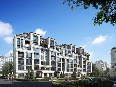 Modern Multi Story Residential Building Exterior With Greenery Lawn And Blue Sky 3d model