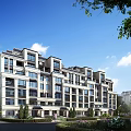 Modern Multi Story Residential Building Exterior With Greenery Lawn And Blue Sky