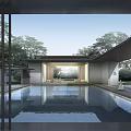 Chinese Style Sales Office Building Featuring Courtyard Water Pool Moonlit Night Trees and Modern Lighting