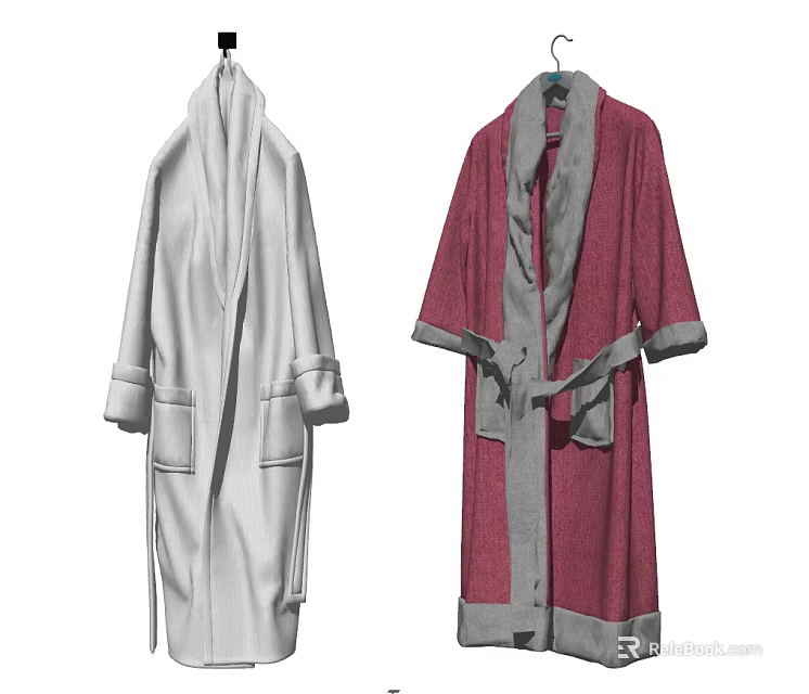 Two Soft Bathrobes White And Red With Gray Collar Cuffs And Belt For Comfortable Loungewear 3d model 