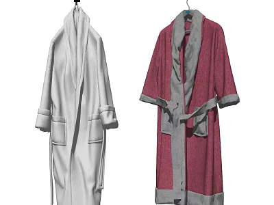 Two Soft Bathrobes White And Red With Gray Collar Cuffs And Belt For Comfortable Loungewear 3d model