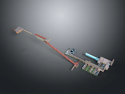 Industrial Mechanical Structure With Red Conveyor Blue Components And Connected Platforms 3d model
