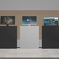 Computer Monitors Displayed On Different Colored Stands With Beige Backdrop And Varied Screen Contents 3d model