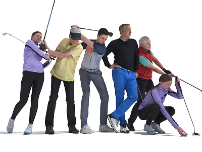 Group of People Practicing Various Golf Swings with Clubs in Different Stances 3d model