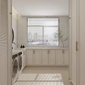 Modern Luxurious Laundry Room With Double Washing Machines White Cabinets Marble Wall And Round Mirror