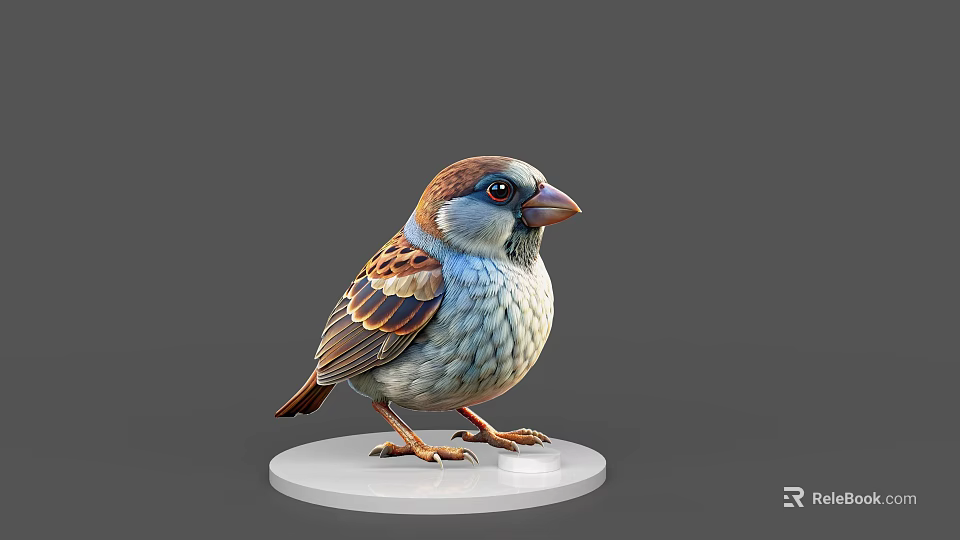 Detailed 3D Model Sparrow Featuring Brown Blue and White Feathers on White Base 3d model 