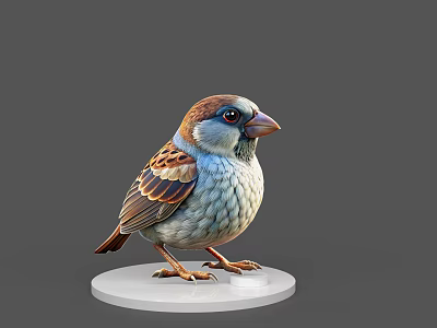 Detailed 3D Model Sparrow Featuring Brown Blue and White Feathers on White Base 3d model