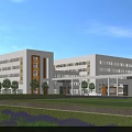 Modern School Building Exterior With Green Lawn Red Arch Structure And Lush Vegetation
