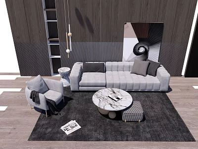 Modern Living Room Sofa And Coffee Table Set With Gray Upholstery Marble Tabletop And Decorative Rug 3d model