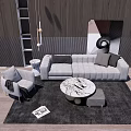 Modern Living Room Sofa And Coffee Table Set With Gray Upholstery Marble Tabletop And Decorative Rug