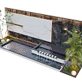 Modern Landscape Feature Wall With Marble Panel Water Pool Waterfall And Green Plants