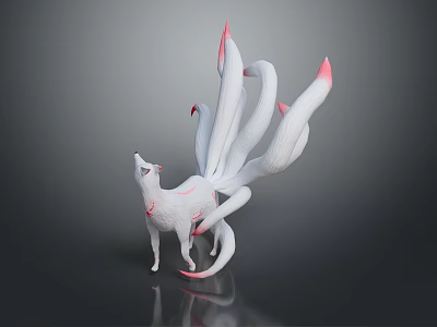 Nine Tailed Fox Game And Movie Character With White Body Pink Tipped Tails Red Markings 3d model