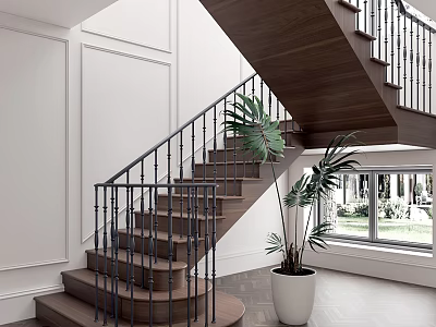 Elegant Wooden Stairs With Metal Railing And Plant In Indoor Space With White Walls 3d model