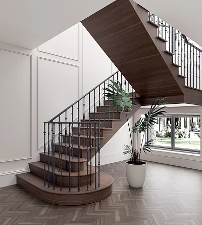 Elegant Wooden Stairs With Metal Railing And Plant In Indoor Space With White Walls 3d model