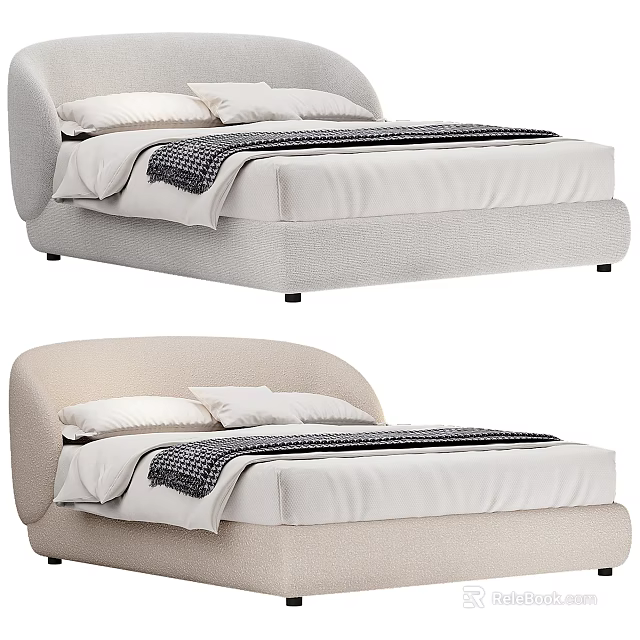 Modern Double Bed Featuring Curved Headboard Light Colored Frame White Sheets And Dark Throw Blanket 3d model