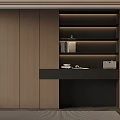 Modern Home Office Interior With Wooden Cabinets Black Bookshelves And Desk Items