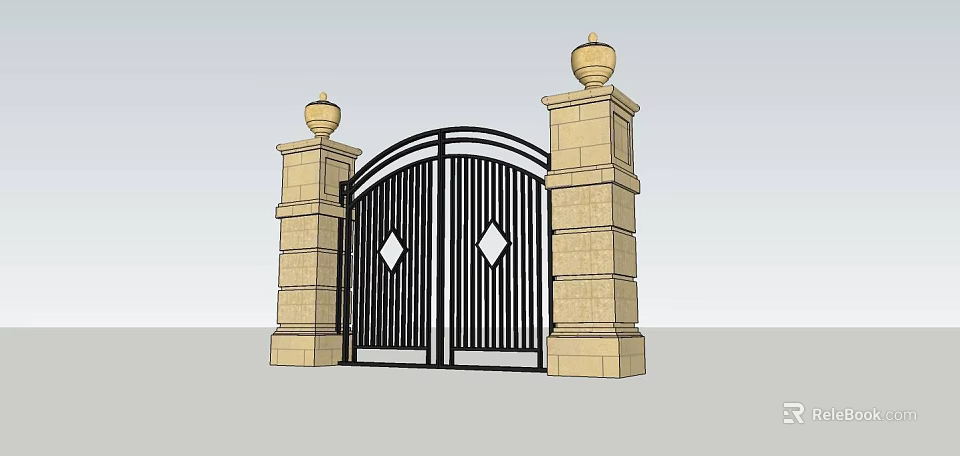 Elegant Black Iron Entrance Gate With Diamond Design And Stone Pillars Topped With Spherical Finials 3d model 