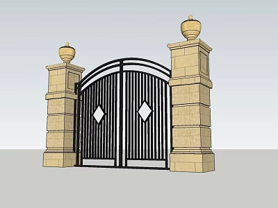 Elegant Black Iron Entrance Gate With Diamond Design And Stone Pillars Topped With Spherical Finials 3d model