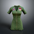 Green Short Sleeved Dress With Front Zipper Decorative Patches And Ruffled Hem