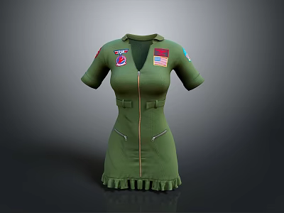 Green Short Sleeved Dress With Front Zipper Decorative Patches And Ruffled Hem 3d model