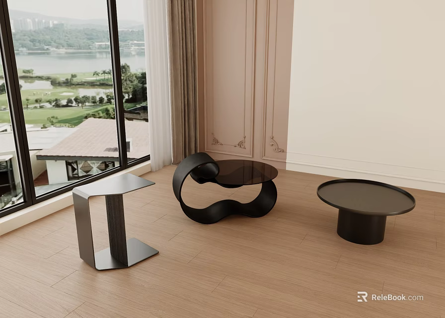 Three Modern Stylish Side Tables Black Frames Glass Tops By Window Wooden Floor Scenic View 3d model 