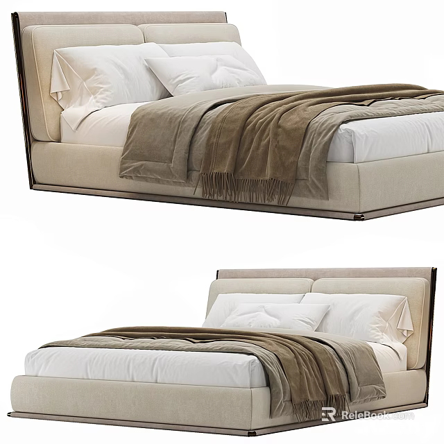 Modern Double Bed With Upholstered Headboard White Pillows And Brown Throw Blanket 3d model