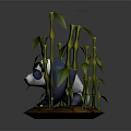 Panda Sculpture Surrounded by Green Bamboo Stalks and Leaves on Wooden Base